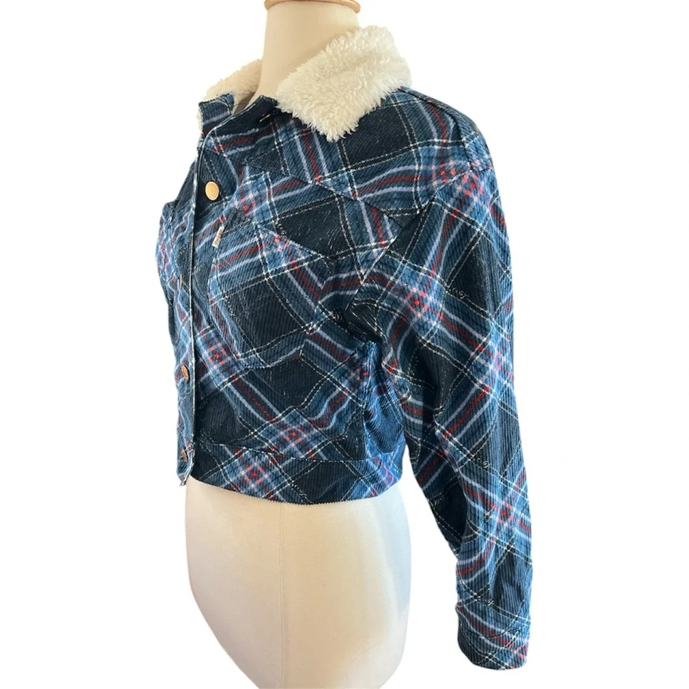 Levi Strauss Co Blue Red Plaid Lightweight Corduroy Jacket Sherpa collar 12yrs.